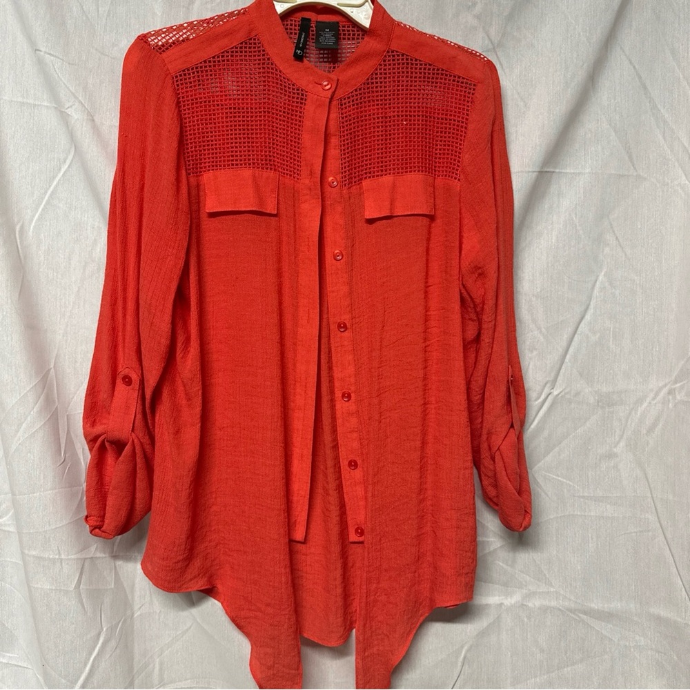 New Directions Vibrant Coral Mesh Blouse